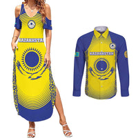 Custom Kazakhstan Football Couples Matching Summer Maxi Dress and Long Sleeve Button Shirt Go The Hawks - Wonder Print Shop