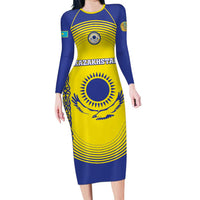 Custom Kazakhstan Football Long Sleeve Bodycon Dress Go The Hawks - Wonder Print Shop