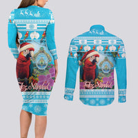 Honduras Christmas Couples Matching Long Sleeve Bodycon Dress and Long Sleeve Button Shirt Scarlet Macaw With Feliz Navidad - Wonder Print Shop