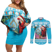 Honduras Christmas Couples Matching Off Shoulder Short Dress and Long Sleeve Button Shirt Scarlet Macaw With Feliz Navidad - Wonder Print Shop