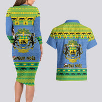 Gabon Christmas Couples Matching Long Sleeve Bodycon Dress and Hawaiian Shirt Coat Of Arms Joyeux Noel - Wonder Print Shop