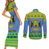 Gabon Christmas Couples Matching Short Sleeve Bodycon Dress and Long Sleeve Button Shirt Coat Of Arms Joyeux Noel - Wonder Print Shop