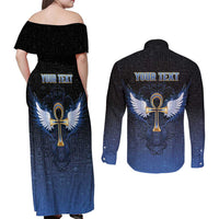 Personalised Egyptian Ankh Couples Matching Off Shoulder Maxi Dress and Long Sleeve Button Shirt Egypt Hieroglyphs Pattern