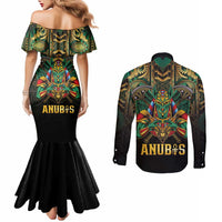 Egypt Anubis Couples Matching Mermaid Dress and Long Sleeve Button Shirt Golden Ancient Egypt Pattern
