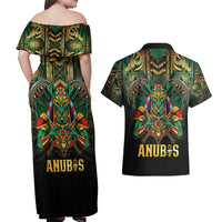 Egypt Anubis Couples Matching Off Shoulder Maxi Dress and Hawaiian Shirt Golden Ancient Egypt Pattern
