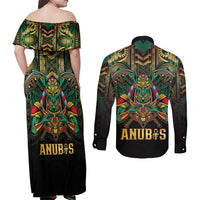 Egypt Anubis Couples Matching Off Shoulder Maxi Dress and Long Sleeve Button Shirt Golden Ancient Egypt Pattern