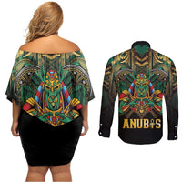 Egypt Anubis Couples Matching Off Shoulder Short Dress and Long Sleeve Button Shirt Golden Ancient Egypt Pattern