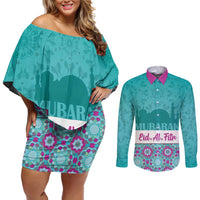 Personalised Eid Mubarak Couples Matching Off Shoulder Short Dress and Long Sleeve Button Shirt Eid al-Fitr