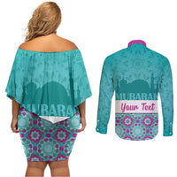 Personalised Eid Mubarak Couples Matching Off Shoulder Short Dress and Long Sleeve Button Shirt Eid al-Fitr