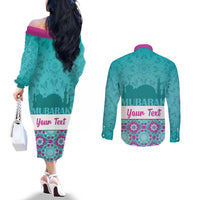 Personalised Eid Mubarak Couples Matching Off The Shoulder Long Sleeve Dress and Long Sleeve Button Shirt Eid al-Fitr