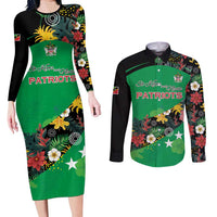 Custom St Kitts and Nevis Cricket Couples Matching Long Sleeve Bodycon Dress and Long Sleeve Button Shirt Tropical Flowers Jersey