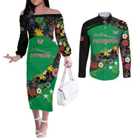 Custom St Kitts and Nevis Cricket Couples Matching Off The Shoulder Long Sleeve Dress and Long Sleeve Button Shirt Tropical Flowers Jersey