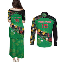 Custom St Kitts and Nevis Cricket Couples Matching Puletasi and Long Sleeve Button Shirt Tropical Flowers Jersey