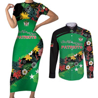 Custom St Kitts and Nevis Cricket Couples Matching Short Sleeve Bodycon Dress and Long Sleeve Button Shirt Tropical Flowers Jersey