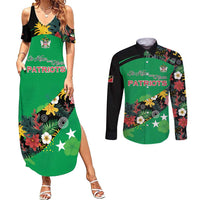 Custom St Kitts and Nevis Cricket Couples Matching Summer Maxi Dress and Long Sleeve Button Shirt Tropical Flowers Jersey