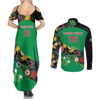 Custom St Kitts and Nevis Cricket Couples Matching Summer Maxi Dress and Long Sleeve Button Shirt Tropical Flowers Jersey