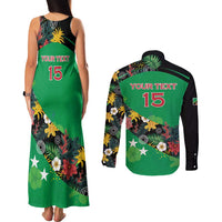 Custom St Kitts and Nevis Cricket Couples Matching Tank Maxi Dress and Long Sleeve Button Shirt Tropical Flowers Jersey