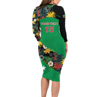 Custom St Kitts and Nevis Cricket Family Matching Long Sleeve Bodycon Dress and Hawaiian Shirt Tropical Flowers Jersey