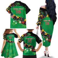 Custom St Kitts and Nevis Cricket Family Matching Off The Shoulder Long Sleeve Dress and Hawaiian Shirt Tropical Flowers Jersey
