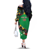 Custom St Kitts and Nevis Cricket Family Matching Off The Shoulder Long Sleeve Dress and Hawaiian Shirt Tropical Flowers Jersey