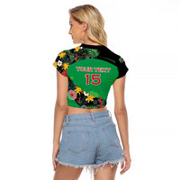 Custom St Kitts and Nevis Cricket Raglan Cropped T Shirt Tropical Flowers Jersey