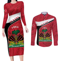 Personalized Haiti Couples Matching Long Sleeve Bodycon Dress and Long Sleeve Button Shirt Flag 1964 Coat Of Arms - Polynesian Style - Wonder Print Shop