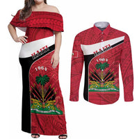 Personalized Haiti Couples Matching Off Shoulder Maxi Dress and Long Sleeve Button Shirt Flag 1964 Coat Of Arms - Polynesian Style - Wonder Print Shop