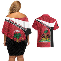 Personalized Haiti Couples Matching Off Shoulder Short Dress and Hawaiian Shirt Flag 1964 Coat Of Arms - Polynesian Style - Wonder Print Shop