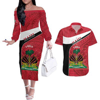 Personalized Haiti Couples Matching Off The Shoulder Long Sleeve Dress and Hawaiian Shirt Flag 1964 Coat Of Arms - Polynesian Style - Wonder Print Shop