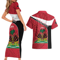 Personalized Haiti Couples Matching Short Sleeve Bodycon Dress and Hawaiian Shirt Flag 1964 Coat Of Arms - Polynesian Style - Wonder Print Shop