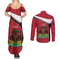 Personalized Haiti Couples Matching Summer Maxi Dress and Long Sleeve Button Shirt Flag 1964 Coat Of Arms - Polynesian Style - Wonder Print Shop