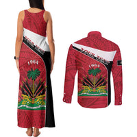 Personalized Haiti Couples Matching Tank Maxi Dress and Long Sleeve Button Shirt Flag 1964 Coat Of Arms - Polynesian Style - Wonder Print Shop