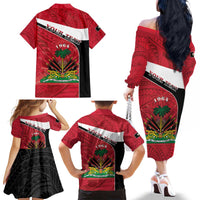 Personalized Haiti Family Matching Off The Shoulder Long Sleeve Dress and Hawaiian Shirt Flag 1964 Coat Of Arms - Polynesian Style - Wonder Print Shop