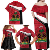 Personalized Haiti Family Matching Off Shoulder Maxi Dress and Hawaiian Shirt Flag 1964 Coat Of Arms - Polynesian Style - Wonder Print Shop