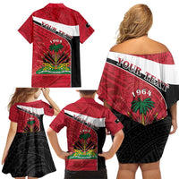 Personalized Haiti Family Matching Off Shoulder Short Dress and Hawaiian Shirt Flag 1964 Coat Of Arms - Polynesian Style - Wonder Print Shop