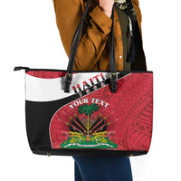 Personalized Haiti Leather Tote Bag Flag 1964 Coat Of Arms - Polynesian Style - Wonder Print Shop
