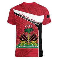 Personalized Haiti Women V-Neck T-Shirt Flag 1964 Coat Of Arms - Polynesian Style - Wonder Print Shop