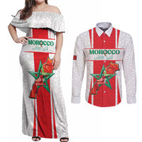 Custom Morocco Football Couples Matching Off Shoulder Maxi Dress and Long Sleeve Button Shirt Go Champions Atlas Lions - White - Wonder Print Shop
