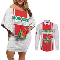 Custom Morocco Football Couples Matching Off Shoulder Short Dress and Long Sleeve Button Shirt Go Champions Atlas Lions - White - Wonder Print Shop