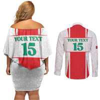 Custom Morocco Football Couples Matching Off Shoulder Short Dress and Long Sleeve Button Shirt Go Champions Atlas Lions - White - Wonder Print Shop