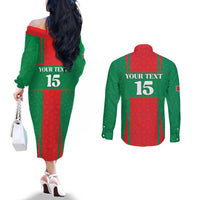 Custom Morocco Football Couples Matching Off The Shoulder Long Sleeve Dress and Long Sleeve Button Shirt Go Champions Atlas Lions - Red - Wonder Print Shop