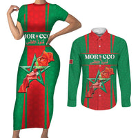 Custom Morocco Football Couples Matching Short Sleeve Bodycon Dress and Long Sleeve Button Shirt Go Champions Atlas Lions - Red - Wonder Print Shop