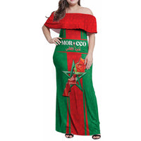 Custom Morocco Football Family Matching Off Shoulder Maxi Dress and Hawaiian Shirt Go Champions Atlas Lions - Red - Wonder Print Shop