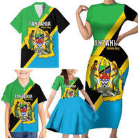 Personalised Tanzania Union Day Family Matching Short Sleeve Bodycon Dress and Hawaiian Shirt Coat Of Arms With Map