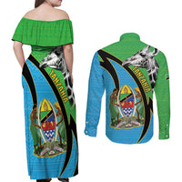 Tanzania Giraffe Couples Matching Off Shoulder Maxi Dress and Long Sleeve Button Shirt Coat Of Arms African Pattern
