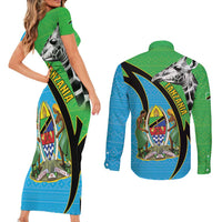 Tanzania Giraffe Couples Matching Short Sleeve Bodycon Dress and Long Sleeve Button Shirt Coat Of Arms African Pattern