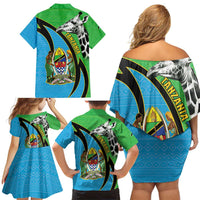 Tanzania Giraffe Family Matching Off Shoulder Short Dress and Hawaiian Shirt Coat Of Arms African Pattern