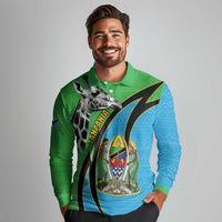 Tanzania Giraffe Long Sleeve Polo Shirt Coat Of Arms African Pattern