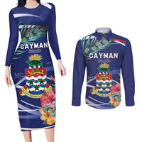 Personalized Cayman Islands Couples Matching Long Sleeve Bodycon Dress and Long Sleeve Button Shirt Coat Of Arms Tropical Flowers
