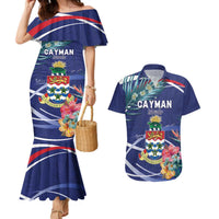 Personalized Cayman Islands Couples Matching Mermaid Dress and Hawaiian Shirt Coat Of Arms Tropical Flowers